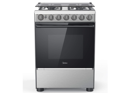 Midea 60x60cm Freestanding Cooker, Full Gas Cooking Range with 4 Burners, Automatic Ignition & Safety, Cast Iron Pan Support, Stainless Steel Finish, Separate Knob for Oven Grill, BME62058FFD-D