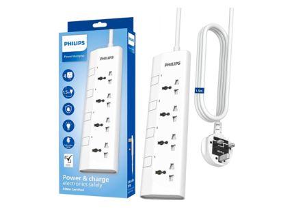 Philips 4-Way Universal Power Extension Cord with Individual Switches (1.5M), 2500W Overload Protection, 750°C Fire-Resistant, 3x1mm? Heavy Duty Cable, 13A Fuse, ESMA Certified, UK Plug - White