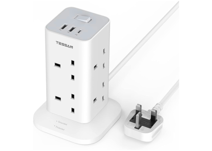 Tower Extension Lead with USB C Slots, TESSAN 8 Way Multi Plug Extension Socket 2M Cable, Surge Protected Power Strip with Switch, MultiPlug Adaptor for Home, School Supplies