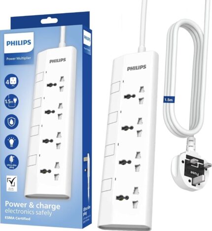 Philips 4-Way Universal Power Extension Cord with Individual Switches (1.5M), 2500W Overload Protection, 750°C Fire-Resistant, 3x1mm? Heavy Duty Cable, 13A Fuse, ESMA Certified, UK Plug - White