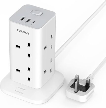 Tower Extension Lead with USB C Slots, TESSAN 8 Way Multi Plug Extension Socket 2M Cable, Surge Protected Power Strip with Switch, MultiPlug Adaptor for Home, School Supplies