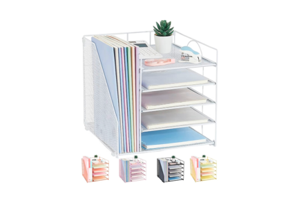 5-Tier Paper Letter Tray Organizer with File Holder, Art Deco Desk Organizer, White