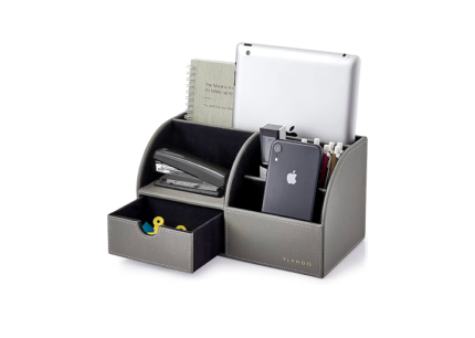 Vlando Desk Organizers with Drawer, Back to School Supplies for Desk Caddy Office Supplies with 5 Compartment Desktop Storage Holder with Drawer Organizer Section for Desk Accessories for Home(Gray)