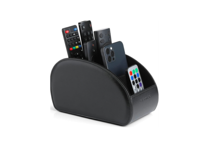 Vlando Leather Remote Control Holder - Large Remote Control Caddy - Desktop Organizer with 5 Compartments Fits TV, DVD, Blu-Ray, Media Player, Heater Controllers, Office and Makeup Supplies (Black)