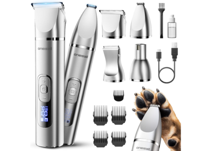 oneisall 4 in 1 Dog Grooming Kit with LCD Display, Dog Hair Trimmer for Paw Nail Grinder, Rechargeable 2000 mAh Pet Clippers