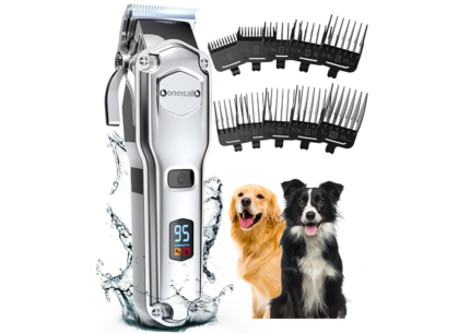 oneisall Dog Clippers for Grooming for Thick Heavy Coats/Low Noise Rechargeable Cordless Pet Shaver with Stainless Steel Blade/Waterproof Dog Shaver for Dogs Pets and Animals (Sliver)