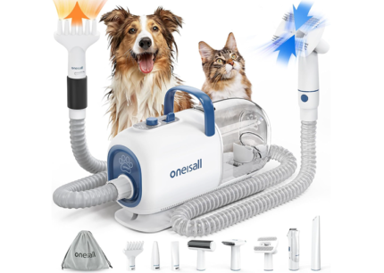 oneisall Dog Vacuum & Dryer for Shedding Grooming, 8 in 1 Dog Grooming Kit with Metal Blade Pet Clippers, Adjustable Speed and Temperature Control Blower