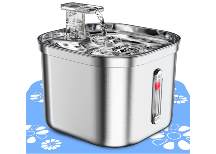 MISFANS Pet Water Fountain Stainless Steel,74oz/2.2L Automatic Water Dispenser with Water Level, Replacement Filter Kit and Silicone Mat Suitable for Cat, Dogs