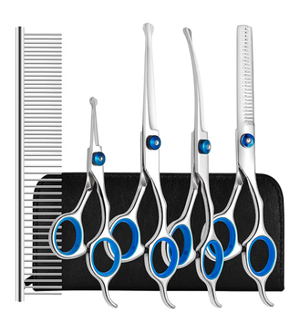 LIREN Professional 6 in 1 Dog Grooming Scissors Kit with Safety Round Tips, Heavy Duty Stainless Steel, Blue, Modern Style, Right Hand, 7 Items, Perfect for Dogs and Cats