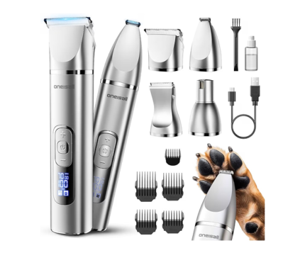 oneisall 4 in 1 Dog Grooming Kit with LCD Display, Dog Hair Trimmer for Paw Nail Grinder, Rechargeable 2000 mAh Pet Clippers