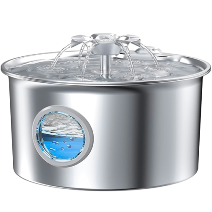Stainless Steel Cat Water Fountain: 880z/2.6L Ultra Quiet Pet Fountain With Flower Kitty Spout & Led Blue Light, Dispenser Level Window For Cats/Dogs Indoor (Silver) - lhouone