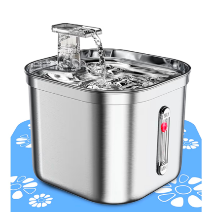 Pet Water Fountain Stainless Steel, 74oz/2.2L Automatic Water Dispenser with Water Level, Replacement Filter Kit and Silicone Mat Suitable for Cat, Dogs