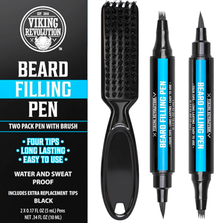 Viking Revolution Beard Pen (2 Pack) - Black Beard Pencil Filler for Men Lapiz para Barba de Hombre - Beard Filler for Men Waterproof Beard Filling Pen Kit - Long Lasting Beard Filler Pen with Brush