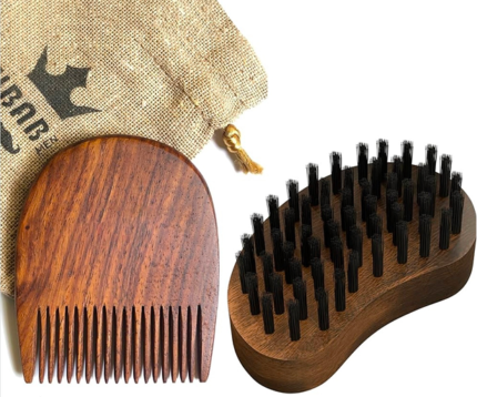 RUBAB MEN Premium Beard Brush & Beard Comb Combo Kit for Men | Nylon Bristles Beard Brush & Wooden Beard Comb to Manage Everyday Style, Beard Growth & Care | Complimentary Anti-Dust Pouch
