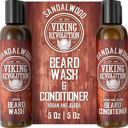 Viking Revolution Beard Wash & Beard Conditioner Set w/Argan & Jojoba Oils - Softens & Strengthens - Natural Sandalwood Scent - Beard Shampoo w/Beard Oil (5oz)