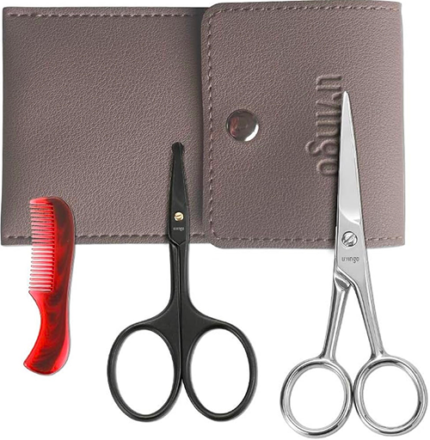 LIVINGO 4.5 inches Beard & Mustache Scissors for Men, Professional Rounded Tip Safety Sharp Stainless Steel Small Beauty Facial Nose Hair Trimming Shears Kit with Mini Comb and Leather Case