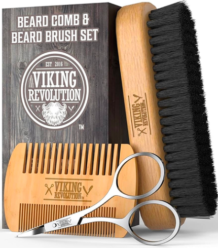 Viking Revolution Premium Beard Grooming Set - Comb and Brush for Smooth and Neat Facial Hair - Awesome Gifts for Men