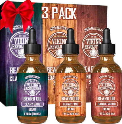 Viking Revolution - Beard Oil for Men 3 Pack - Natural Mens Beard Oil Variety Set - Sandalwood, Pine and Cedar, Clary Sage Scents - Beard Conditioning and Moisturizing for a Healthy Beard - 3 × 30 ml