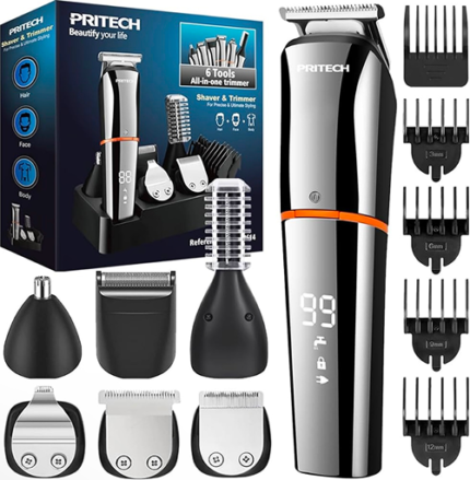 PRITECH Hair Clippers, Beard Trimmer for Men, Cordless Hair Trimmer Hair Cutting Groomer Kit, USB Rechargeable 6 in 1