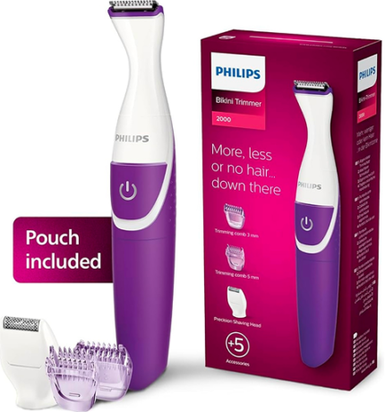 PHILIPS Essential Bikini Trimmer. Trim. Shave & Style. Mini Shaving Head Included. Portable. Battery, Brt38315, White purple