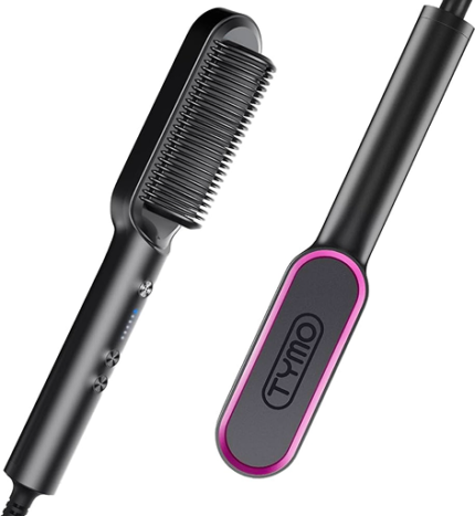 TYMO Hair Straightener Brush, Hair Iron with Built-in Comb. Tourmaline Ceramic Coating. Fast Heating & 5 Temp Settings. Hair Straightener Brush That Salon Styling at Home. (Matte Black)