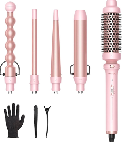 Wavytalk 5 in 1 Curling Iron,Curling Wand Set with Curling Brush and 4 Interchangeable Ceramic Curling Wand(0.5"-1.25"), Instant Heat Up, Include Heat Protective Glove & 2 Clips (Pink)