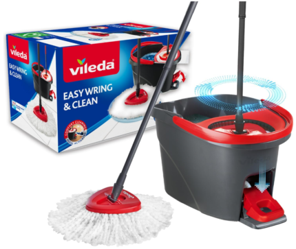 Vileda Easy Wring & Clean spin mop & bucket set with foot pedal | Vileda |3-Piece Handle 130 cm |Floor mop with spinning wringer | Turbo Refill 100% Microfibre mop head